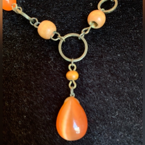 Orange beaded necklace and matching earrings with suede straps. Cute set! - Picture 8 of 8